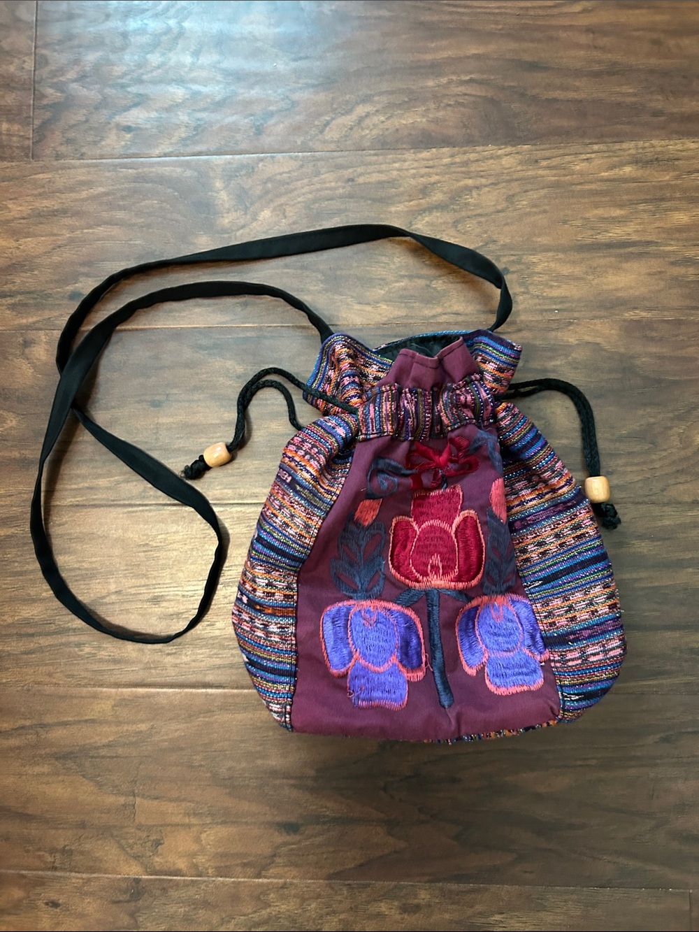 Boho Mexican Embroidered Drawstring Crossbody Bag - Purple